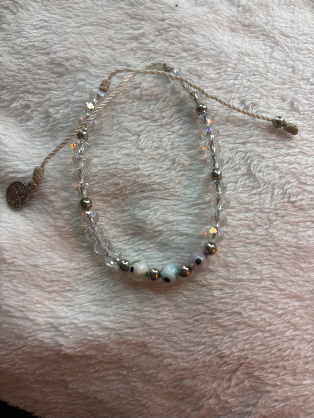 Handcrafted Clear Crystal Evil Eye Silver Bead Women's Bracelet - White Accent
